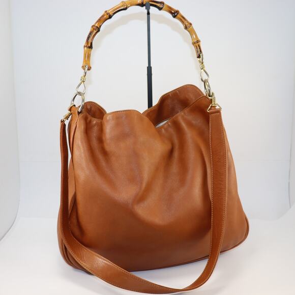 Gucci Bamboo Handle Large Hobo Bag Brown Leather Shoulder Purse - Picture 1 of 9